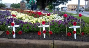 Three white crosses for the three fallen Bathurst Coo-ees at Bathurst War Memorial Carillon 31/10/2015